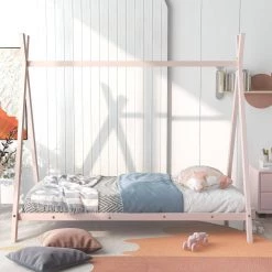 Pink Twin Size Metal House Bed Tent Bed with Slat by ATHMILE -ATHMILE Sales Store pink athmile kids beds gz b2w20220630 31 1000