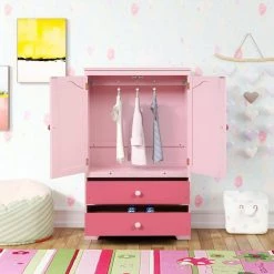 Pink Armoire with 2-Drawer 31.3 in. x 15.98 in. x 51.02 in. by ATHMILE -ATHMILE Sales Store pink athmile kids dressers gz b2w20221051 1f 1000
