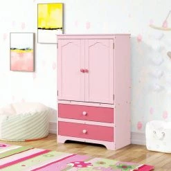 Pink Armoire with 2-Drawer 31.3 in. x 15.98 in. x 51.02 in. by ATHMILE -ATHMILE Sales Store pink athmile kids dressers gz b2w20221051 4f 1000