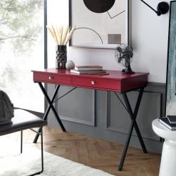 Red 43.2 in. Rectangle MDF Table Top 2-Drawers Writing Desk with Black Stoving Varnish Steel Frame by ATHMILE -ATHMILE Sales Store red athmile writing desks gz w48735116 31 1000