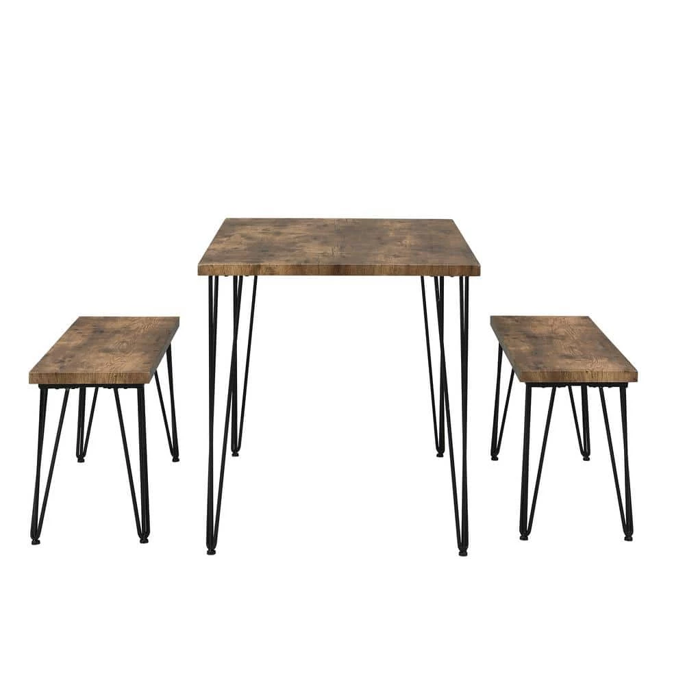 3-Piece Rectangle MDF Material Top Rustic Brown Dining Table Set with 2 Benches by ATHMILE 2 3-Piece Rectangle MDF Material Top Rustic Brown Dining Table Set with 2 Benches by ATHMILE - Image 2