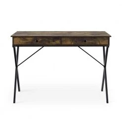 Rustic Brown 43.2 in. Rectangle MDF Table Top 2-Drawers Writing Desk with Black Stoving Varnish Steel Frame by ATHMILE
