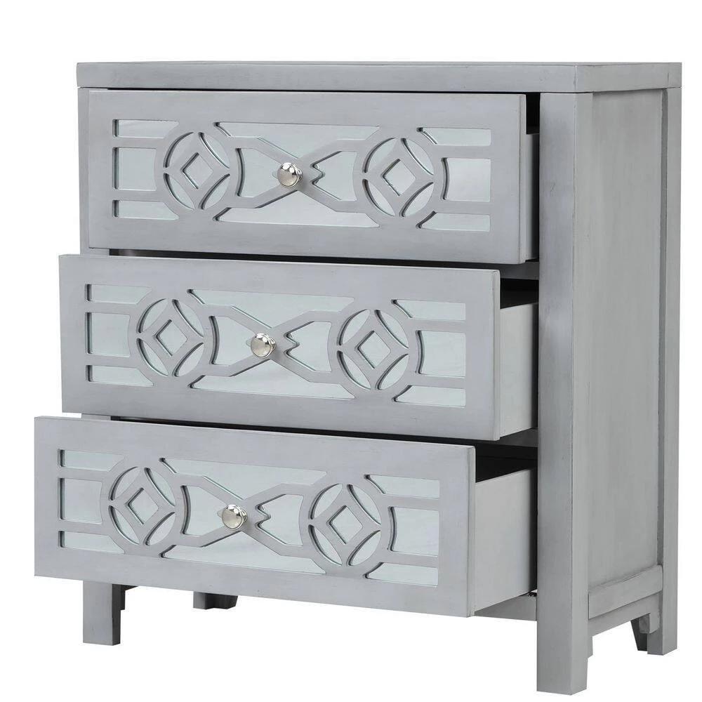 Silver Wooden Storage Cabinet with 3-Drawers and Decorative Mirror by ATHMILE 3 Silver Wooden Storage Cabinet with 3-Drawers and Decorative Mirror by ATHMILE - Image 3