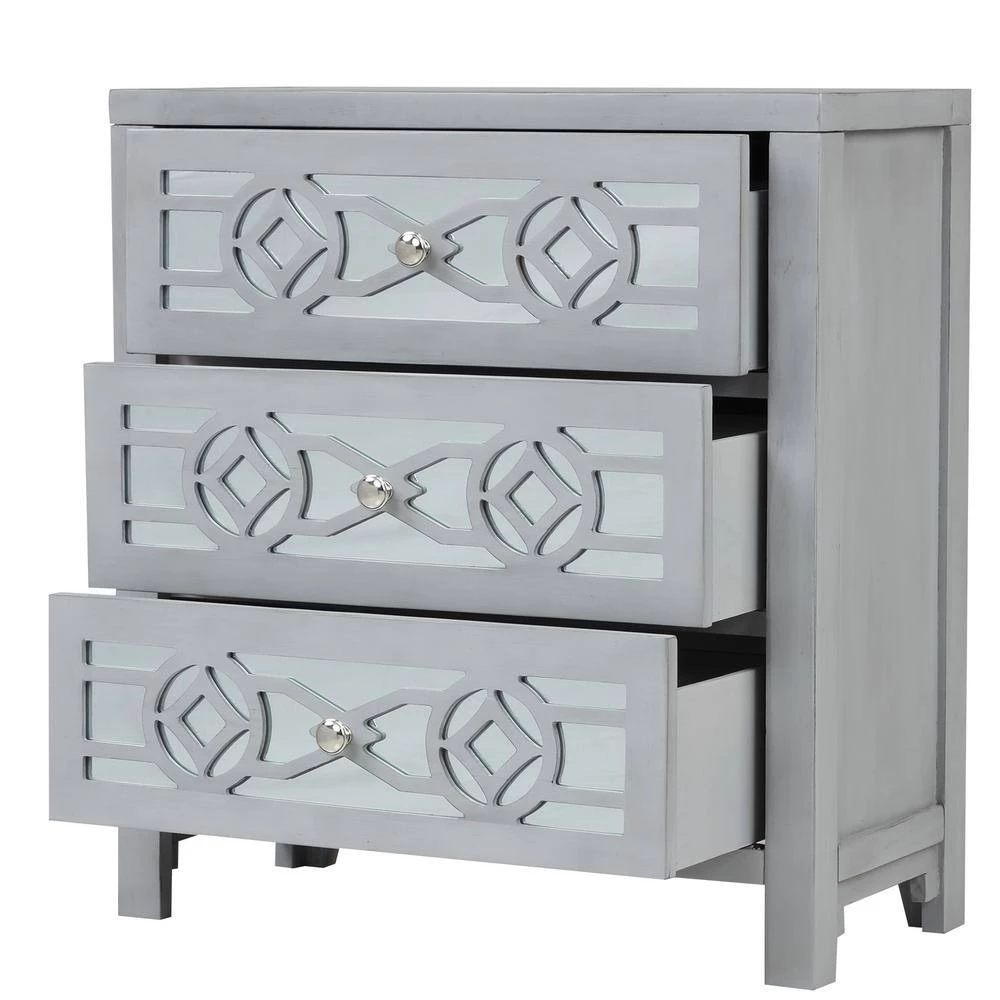 Silver Wooden Storage Cabinet with 3-Drawers and Decorative Mirror by ATHMILE 2 Silver Wooden Storage Cabinet with 3-Drawers and Decorative Mirror by ATHMILE - Image 2