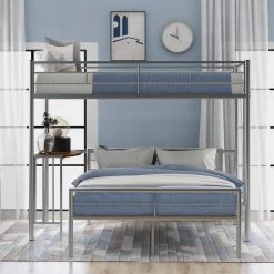 Metallic Silver Twin Over Full Metal Bunk Bed with Desk by ATHMILE -ATHMILE Sales Store silver athmile bunk beds gz b2w20221499 31 1000