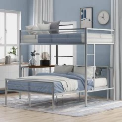 Metallic Silver Twin Over Full Metal Bunk Bed with Desk by ATHMILE -ATHMILE Sales Store silver athmile bunk beds gz b2w20221499 c3 1000