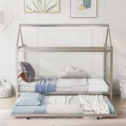 Silver Twin Size Metal House Shape Platform Bed with Trundle by ATHMILE 11 Silver Twin Size Metal House Shape Platform Bed with Trundle by ATHMILE -ATHMILE Sales Store silver athmile kids beds gz b2w20221570 1f 1000