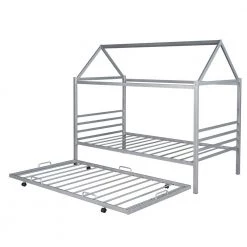 Silver Twin Size Metal House Shape Platform Bed with Trundle by ATHMILE