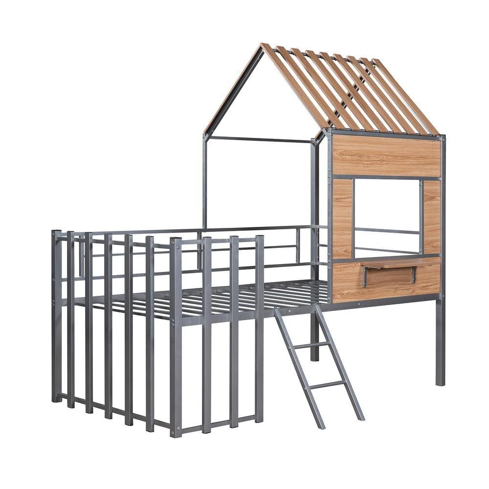 Silver Twin Size Metal Loft Bed with Roof by ATHMILE 2 Silver Twin Size Metal Loft Bed with Roof by ATHMILE - Image 2