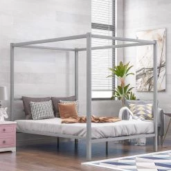 Classic Design Sliver Queen Size Metal Framed Canopy Platform Bed with Built-in Headboard by ATHMILE -ATHMILE Sales Store sliver athmile canopy beds gz mf193126aan 31 1000