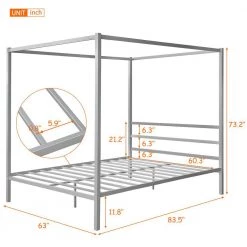 Classic Design Sliver Queen Size Metal Framed Canopy Platform Bed with Built-in Headboard by ATHMILE -ATHMILE Sales Store sliver athmile canopy beds gz mf193126aan c3 1000