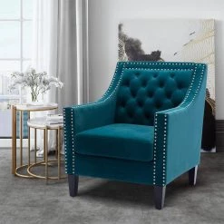 Teal Accent Armchair Living Room Chair with Nailheads and Solid Wood Legs (Set of 1) by ATHMILE 16 Teal Accent Armchair Living Room Chair with Nailheads and Solid Wood Legs (Set of 1) by ATHMILE -ATHMILE Sales Store teal athmile accent chairs gz w39536946 76 1000