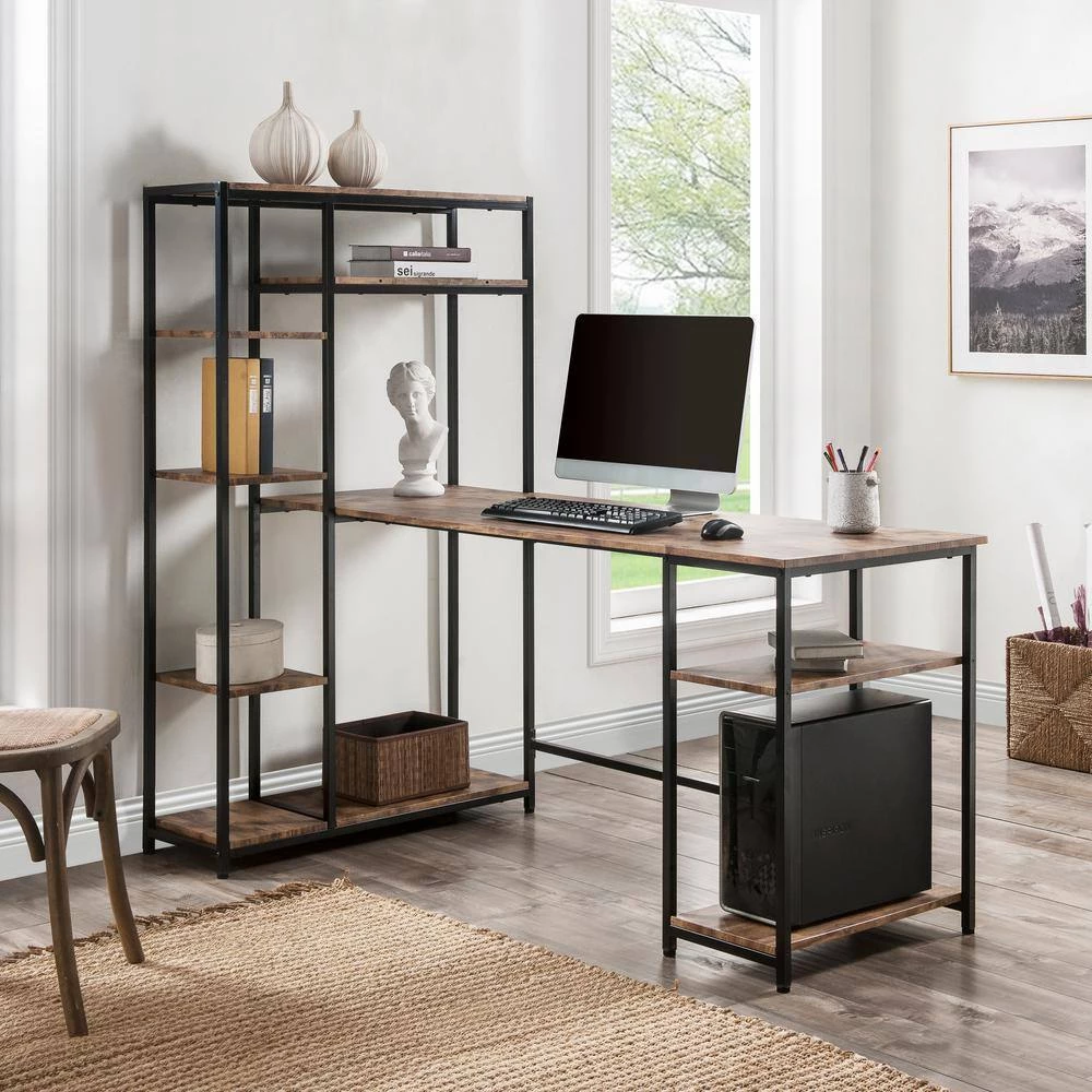63 in. W L-Shape Brown Color MDF Desktop Solid Steel Frame Computer Desk with Multiple Bookshelf and Storage Space by ATHMILE 10 63 in. W L-Shape Brown Color MDF Desktop Solid Steel Frame Computer Desk with Multiple Bookshelf and Storage Space by ATHMILE - Image 10