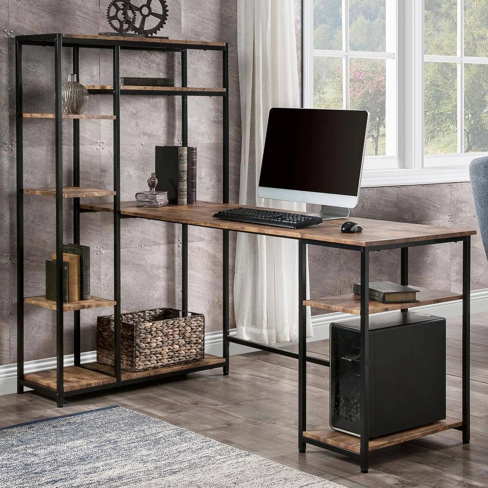 63 in. W L-Shape Brown Color MDF Desktop Solid Steel Frame Computer Desk with Multiple Bookshelf and Storage Space by ATHMILE 9 63 in. W L-Shape Brown Color MDF Desktop Solid Steel Frame Computer Desk with Multiple Bookshelf and Storage Space by ATHMILE - Image 9