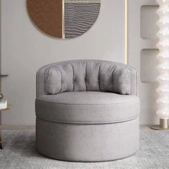 Warm Grey Swivel Tufted Back Accent Round Barrel Chair (Set of 1) by ATHMILE -ATHMILE Sales Store warm grey athmile accent chairs gzx b2w20221131 4f 1000