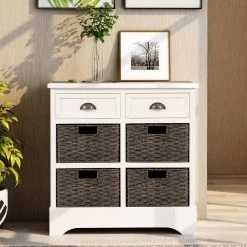 White Rustic Storage Cabinet with Two Drawers and Four Classic Rattan Basket by ATHMILE -ATHMILE Sales Store white athmile accent cabinets gz wf193442aak 31 1000