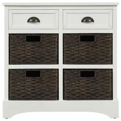 White Rustic Storage Cabinet with Two Drawers and Four Classic Rattan Basket by ATHMILE