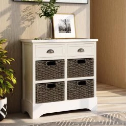 White Rustic Storage Cabinet with Two Drawers and Four Classic Rattan Basket by ATHMILE -ATHMILE Sales Store white athmile accent cabinets gz wf193442aak 76 1000