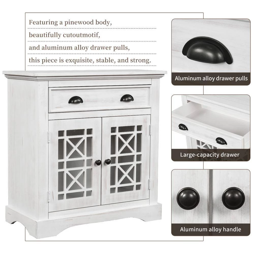 White Retro Storage Cabinet with Doors and Big Wood Drawer, Home Office Furniture Storage Chest by ATHMILE 5 White Retro Storage Cabinet with Doors and Big Wood Drawer, Home Office Furniture Storage Chest by ATHMILE - Image 5