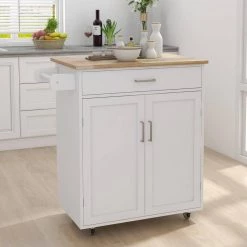 White Kitchen Island Rolling Trolley Cart with Towel Rack Rubber Wood Table Top by ATHMILE -ATHMILE Sales Store white athmile bar carts gz b2w20220830 31 1000