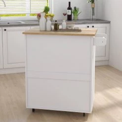 White Kitchen Island Rolling Trolley Cart with Towel Rack Rubber Wood Table Top by ATHMILE -ATHMILE Sales Store white athmile bar carts gz b2w20220830 66 1000