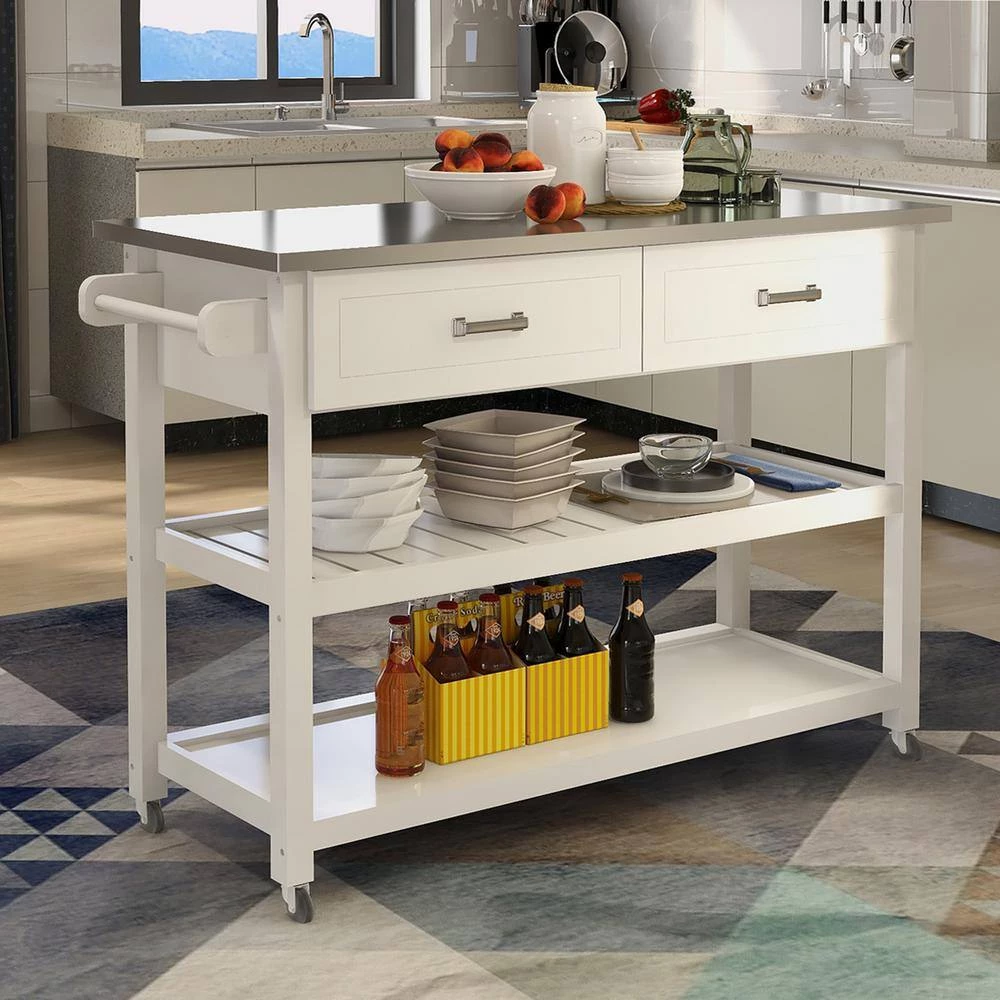 White Rolling Kitchen Cart with Stainless Steel Top and 2-Drawers by ATHMILE 5 White Rolling Kitchen Cart with Stainless Steel Top and 2-Drawers by ATHMILE - Image 5