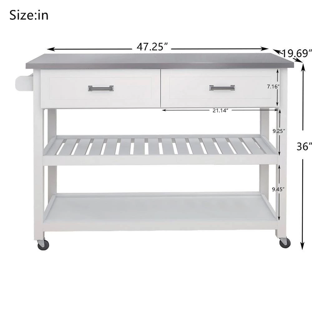 White Rolling Kitchen Cart with Stainless Steel Top and 2-Drawers by ATHMILE 3 White Rolling Kitchen Cart with Stainless Steel Top and 2-Drawers by ATHMILE - Image 3