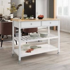 White Rolling Kitchen Cart Solid Wood Top and Locking Wheels by ATHMILE -ATHMILE Sales Store white athmile bar carts gz b2w20220834 31 1000