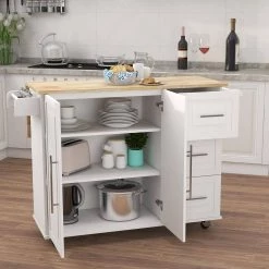 White Kitchen Island with Solid Wood Table Top by ATHMILE -ATHMILE Sales Store white athmile bar carts gz b2w20221272 4f 1000