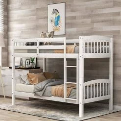 White Twin Over Twin Bunk Bed with Ladder by ATHMILE -ATHMILE Sales Store white athmile bunk beds gz b2w20220563 c3 1000