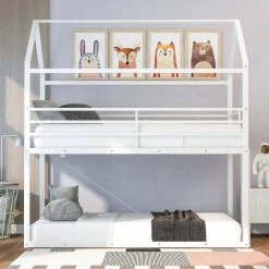 White Twin Over Twin House Metal Frame Bunk Bed Built-in Ladder by ATHMILE -ATHMILE Sales Store white athmile bunk beds gz b2w20220637 31 1000