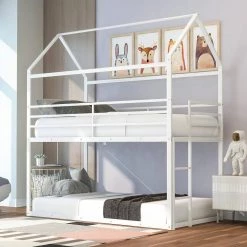 White Twin Over Twin House Metal Frame Bunk Bed Built-in Ladder by ATHMILE -ATHMILE Sales Store white athmile bunk beds gz b2w20220637 4f 1000