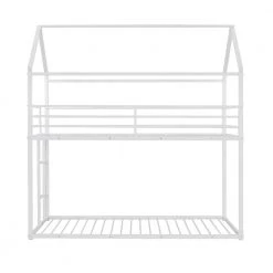 White Twin Over Twin House Metal Frame Bunk Bed Built-in Ladder by ATHMILE