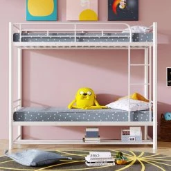 White Twin Over Twin Metal Bunk Bed with Shelf by ATHMILE 17 White Twin Over Twin Metal Bunk Bed with Shelf by ATHMILE -ATHMILE Sales Store white athmile bunk beds gz b2w20221676 31 1000