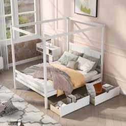 Full Size Canopy Platform Bed with 2-Drawers, With Slat Support Leg, White by ATHMILE -ATHMILE Sales Store white athmile canopy beds gz b2n7090006 31 1000