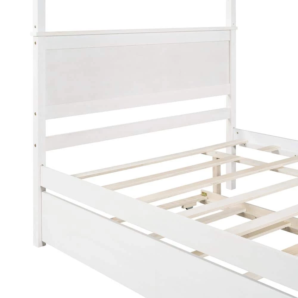 79.5 in. W White Full Wood Canopy Bed with Trundle Bed by ATHMILE 5 79.5 in. W White Full Wood Canopy Bed with Trundle Bed by ATHMILE - Image 5