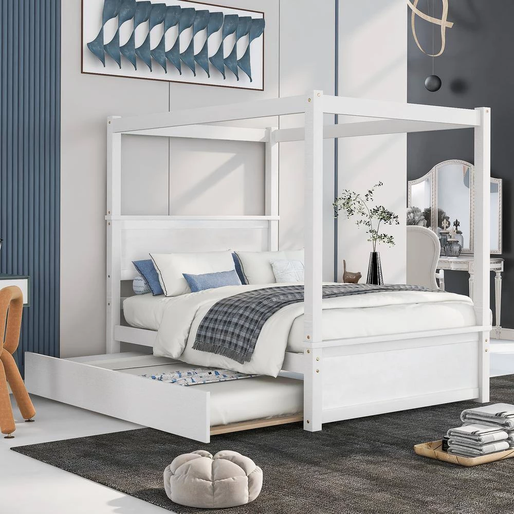 79.5 in. W White Full Wood Canopy Bed with Trundle Bed by ATHMILE 9 79.5 in. W White Full Wood Canopy Bed with Trundle Bed by ATHMILE - Image 9