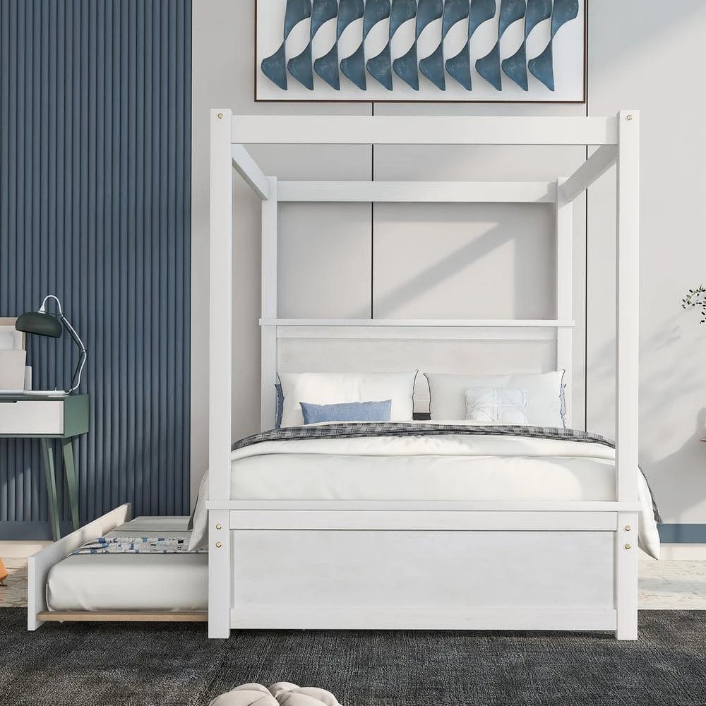 79.5 in. W White Full Wood Canopy Bed with Trundle Bed by ATHMILE 3 79.5 in. W White Full Wood Canopy Bed with Trundle Bed by ATHMILE - Image 3