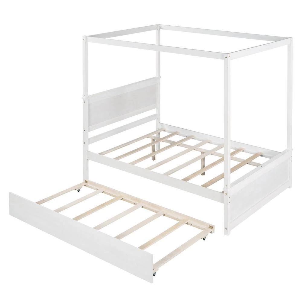 79.5 in. W White Full Wood Canopy Bed with Trundle Bed by ATHMILE 2 79.5 in. W White Full Wood Canopy Bed with Trundle Bed by ATHMILE - Image 2