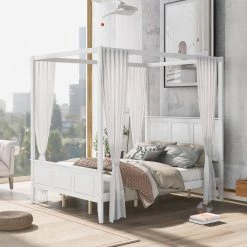 Queen Size Canopy Platform Bed with Headboard and Footboard, Slat Support Leg, White by ATHMILE 19 Queen Size Canopy Platform Bed with Headboard and Footboard, Slat Support Leg, White by ATHMILE -ATHMILE Sales Store white athmile canopy beds gz gx000516aak 31 1000