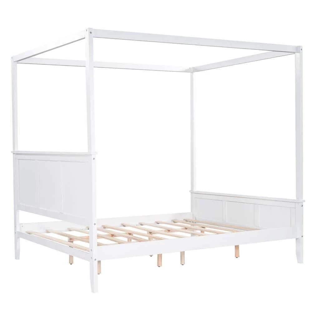 Queen Size Canopy Platform Bed with Headboard and Footboard, Slat Support Leg, White by ATHMILE 1 Queen Size Canopy Platform Bed with Headboard and Footboard, Slat Support Leg, White by ATHMILE