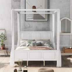 Queen Size Canopy Platform Bed with Headboard and Footboard, Slat Support Leg, White by ATHMILE 12 Queen Size Canopy Platform Bed with Headboard and Footboard, Slat Support Leg, White by ATHMILE -ATHMILE Sales Store white athmile canopy beds gz gx000516aak 66 1000