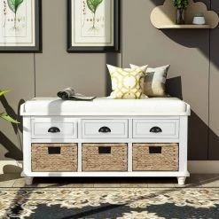 White Storage Bench with 3-Drawers and 3-Rattan Baskets 42.1 in. L x 15.4 in. W x 18.7 in. H by ATHMILE -ATHMILE Sales Store white athmile dining benches gz b2w20220667 31 1000