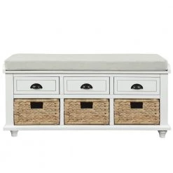 White Storage Bench with 3-Drawers and 3-Rattan Baskets 42.1 in. L x 15.4 in. W x 18.7 in. H by ATHMILE