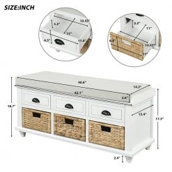 White Storage Bench with 3-Drawers and 3-Rattan Baskets 42.1 in. L x 15.4 in. W x 18.7 in. H by ATHMILE -ATHMILE Sales Store white athmile dining benches gz b2w20220667 c3 1000