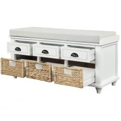 White Storage Bench with 3-Drawers and 3-Rattan Baskets 42.1 in. L x 15.4 in. W x 18.7 in. H by ATHMILE -ATHMILE Sales Store white athmile dining benches gz b2w20220667 fa 1000