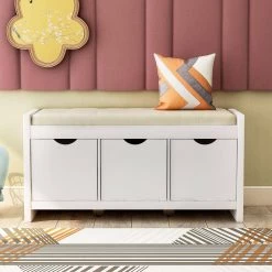 White Storage Bench with Removable Cushion and 3-Flip Lock Storage Cubbies 39 in. L x 14 in. W x 19.8 in. H by ATHMILE -ATHMILE Sales Store white athmile dining benches gz b2w20220678 44 1000