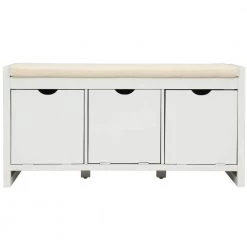 White Storage Bench with Removable Cushion and 3-Flip Lock Storage Cubbies 39 in. L x 14 in. W x 19.8 in. H by ATHMILE