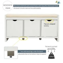 White Storage Bench with Removable Cushion and 3-Flip Lock Storage Cubbies 39 in. L x 14 in. W x 19.8 in. H by ATHMILE -ATHMILE Sales Store white athmile dining benches gz b2w20220678 c3 1000