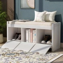 White Storage Bench with Removable Cushion and 3-Flip Lock Storage Cubbies 39 in. L x 14 in. W x 19.8 in. H by ATHMILE -ATHMILE Sales Store white athmile dining benches gz b2w20220678 fa 1000